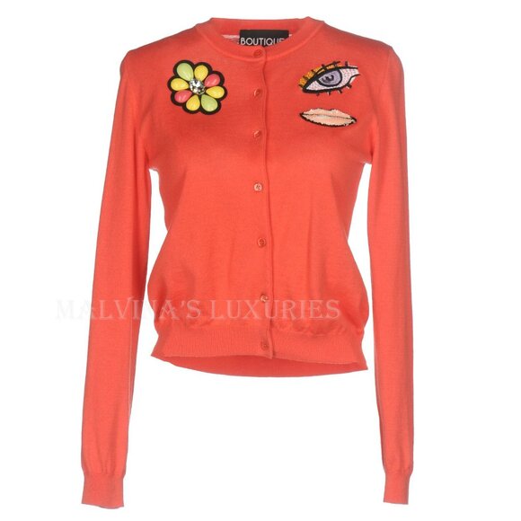 BOUTIQUE MOSCHINO SWEATER SEQUIN CRYSTAL PATCHES PINK WOOL CARDIGAN sz 40 6 - Picture 2 of 6